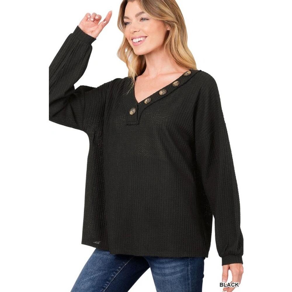 Shop‎ Basic USA Black Waffle Knit Top with Button Detail - XL